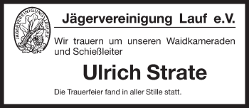 Traueranzeige von Ulrich Strate von Pegnitz-Zeitung